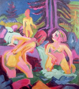 Trois baigneurs dans un ruisseau